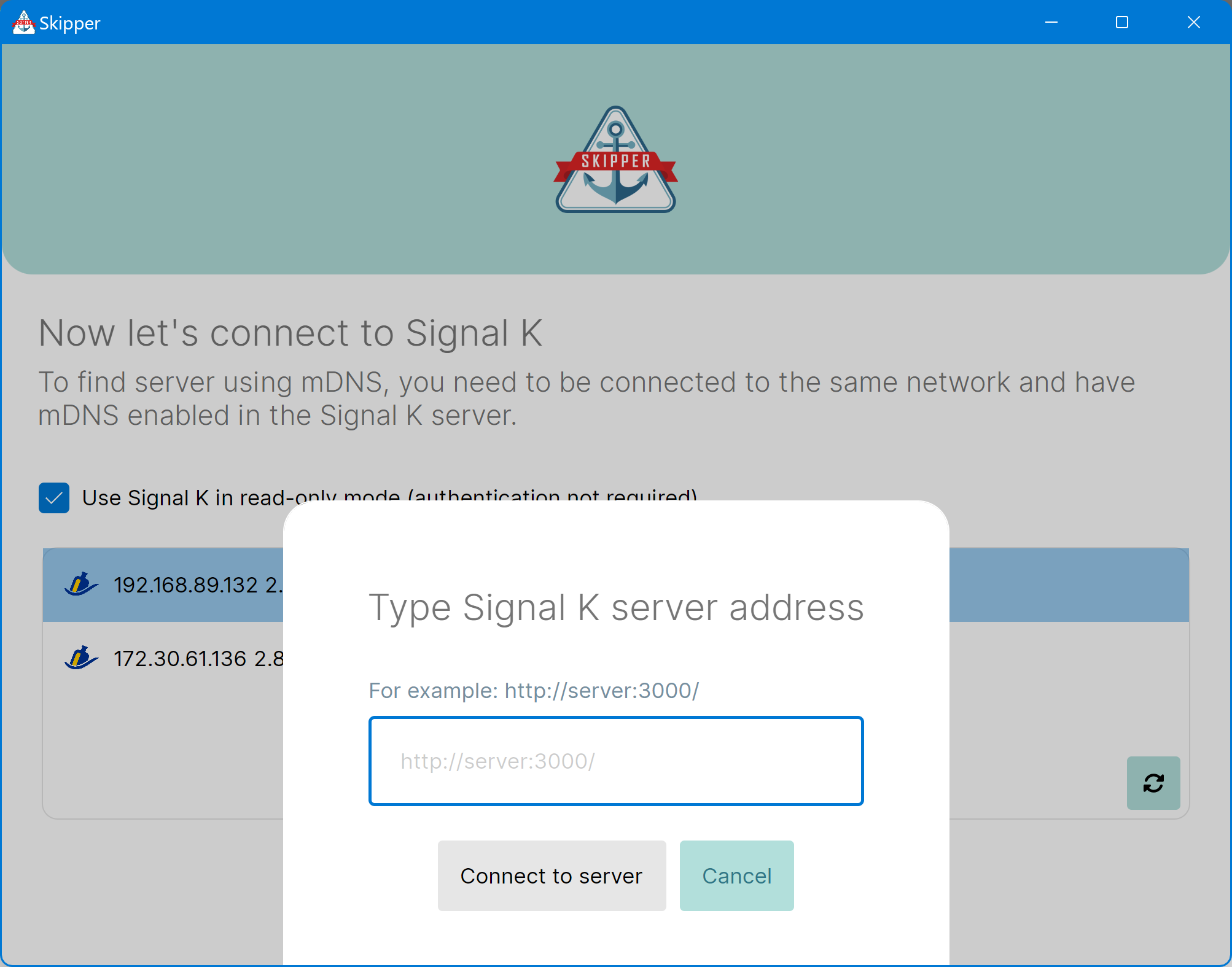 Select Signal K server screen