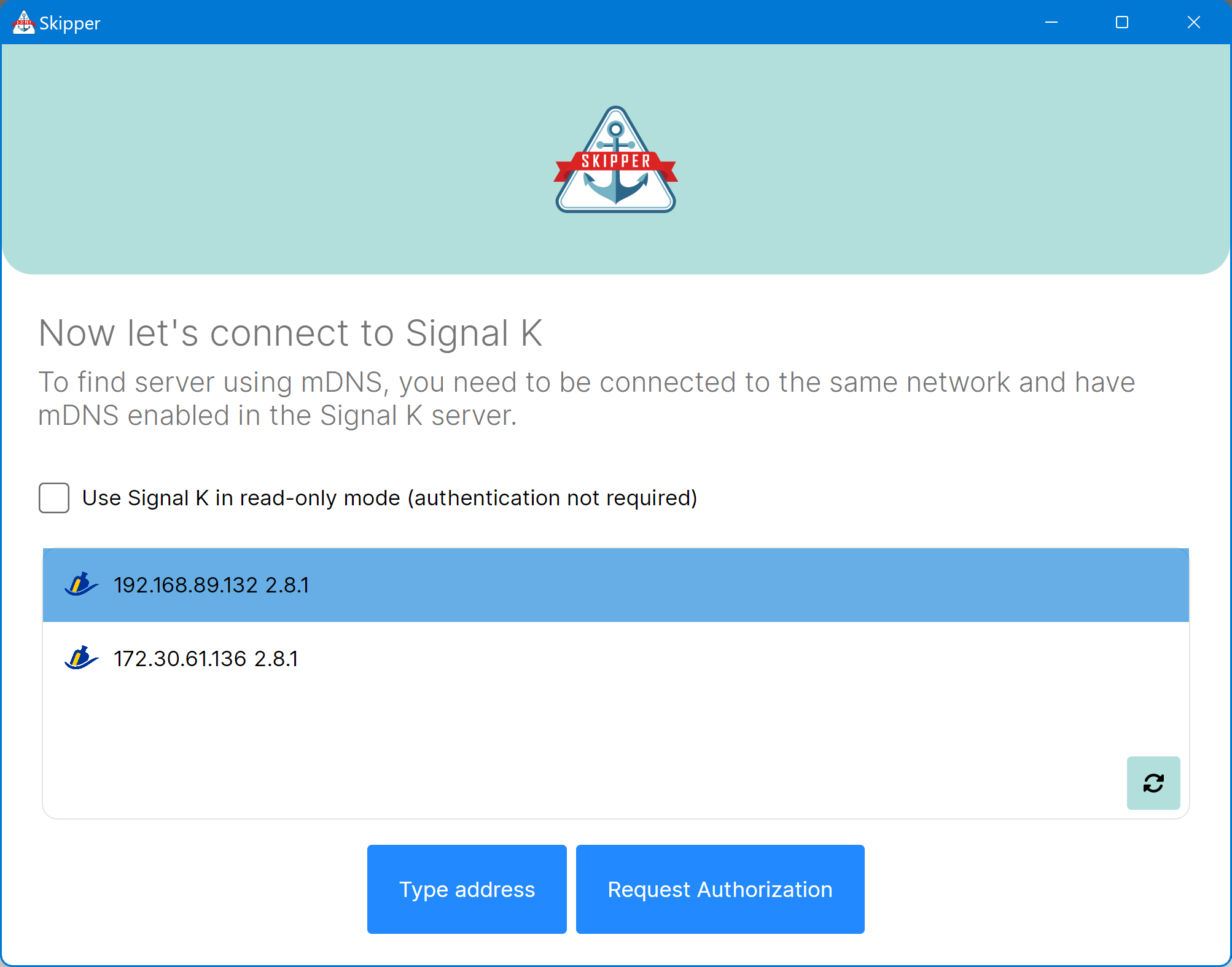 Select Signal K server screen